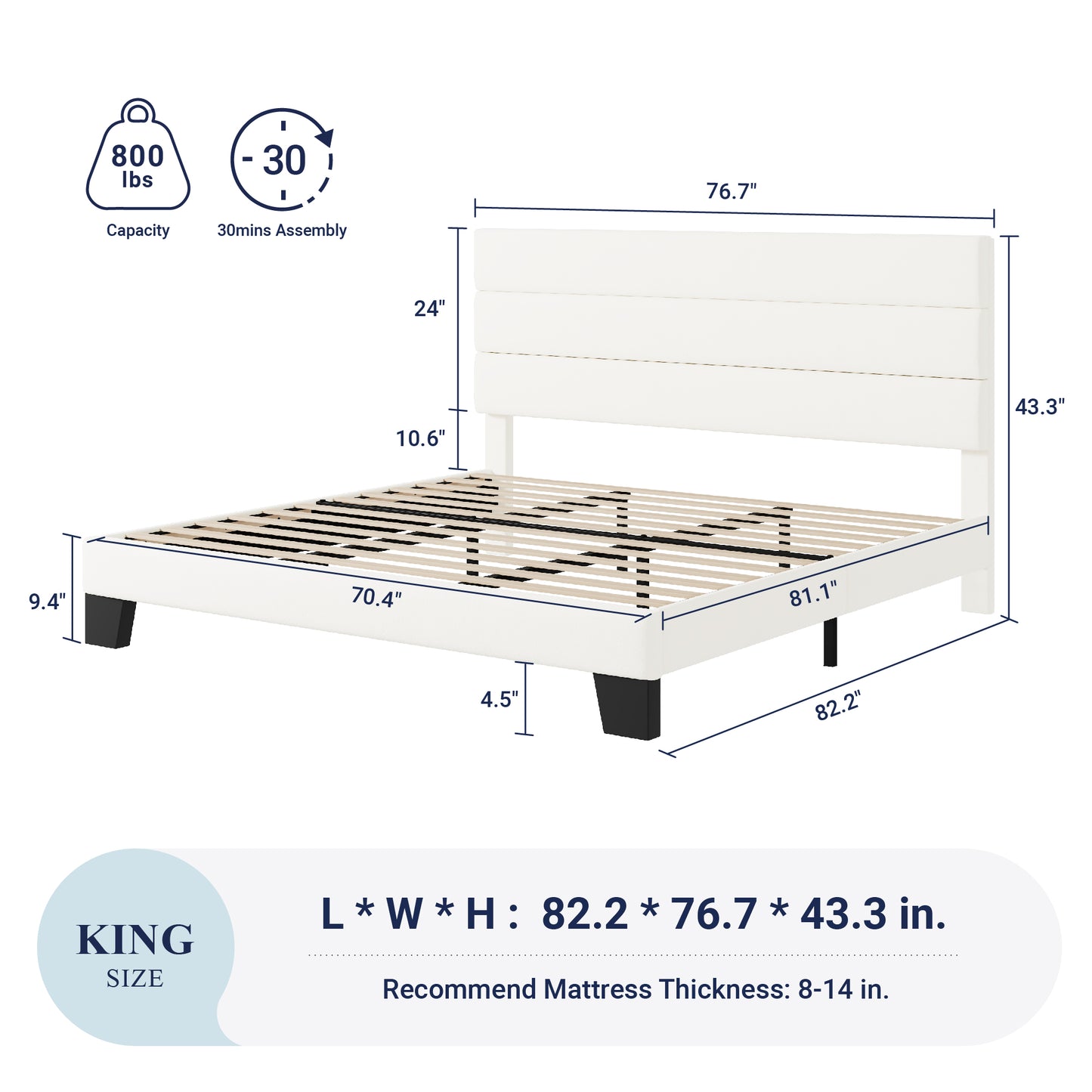 Allewie Platform Bed Frame with Velvet Upholstered Headboard, Easy Assembly, No Box Spring Needed, White