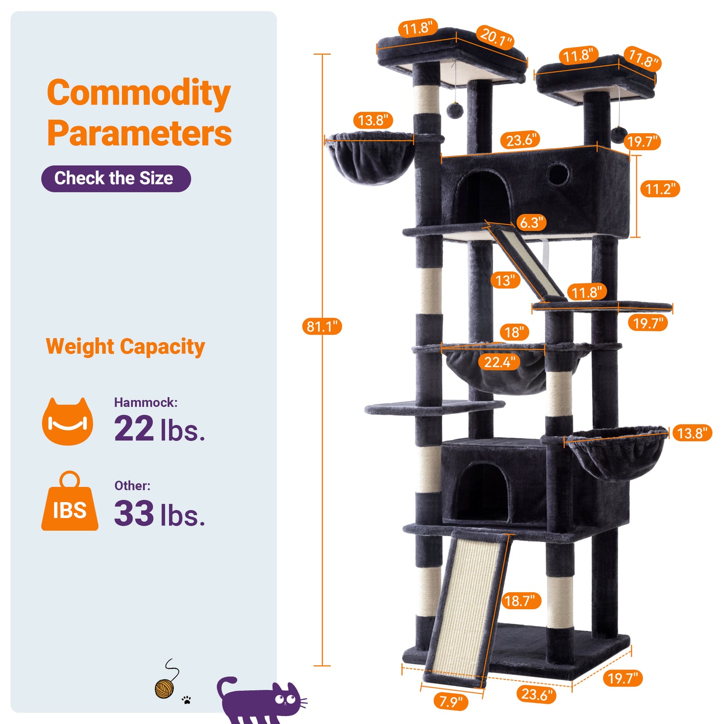 Allewie 81 Inches Multi-Level Tall Cat Tree for Large Cat, Cat Climbing Tree with Cat Condo and Hammock, Scratching Post, Wide Base