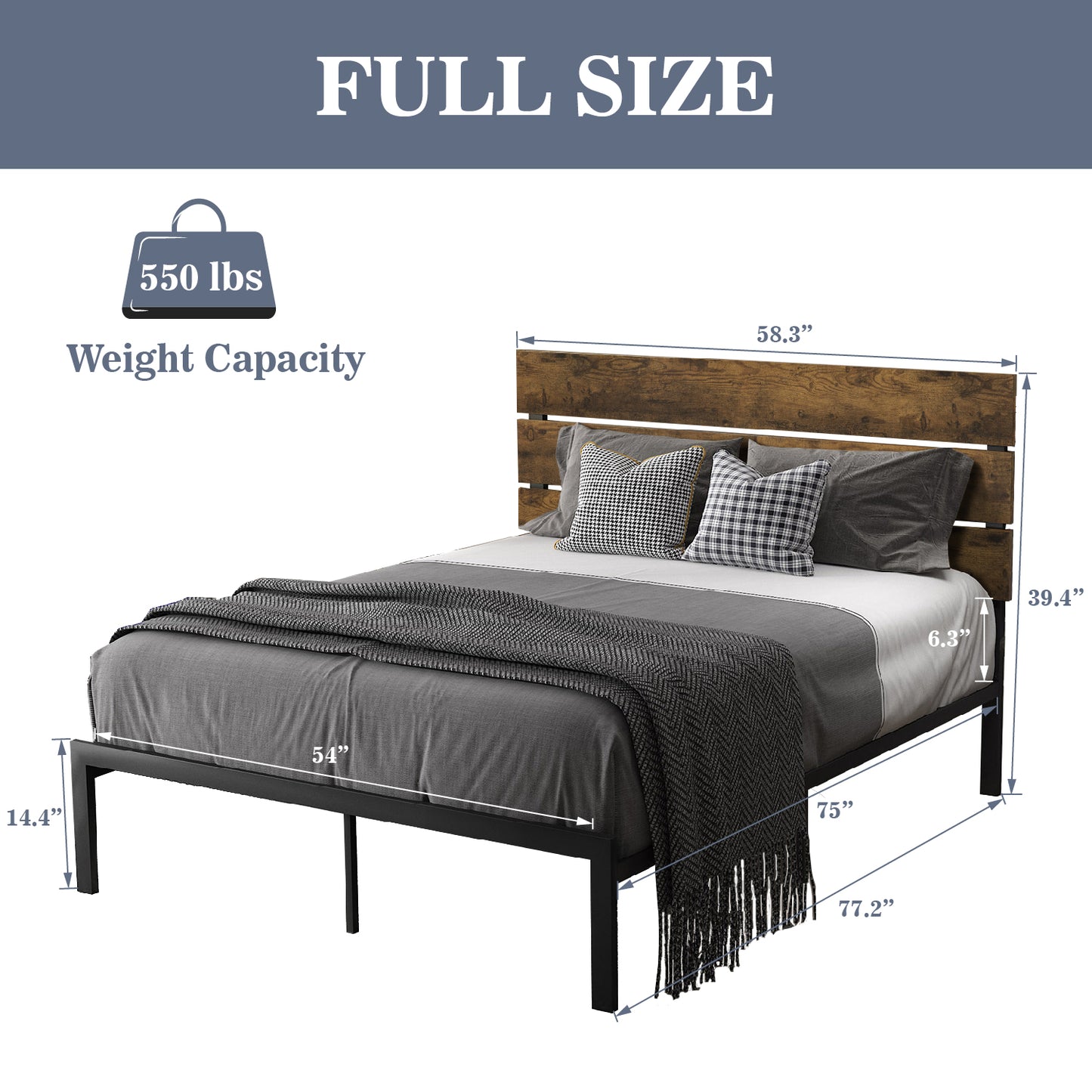 Allewie Rustic Country Style Wooden Headboard Metal Platform Bed with Strong Metal Slats