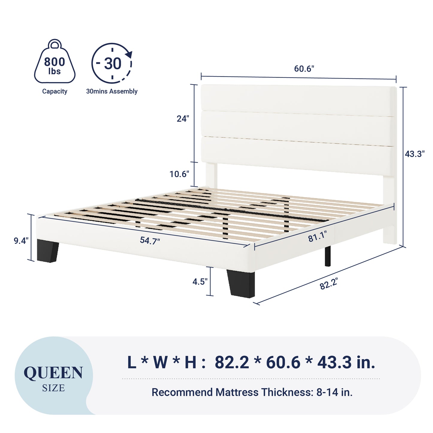 Allewie Platform Bed Frame with Velvet Upholstered Headboard, Easy Assembly, No Box Spring Needed, White