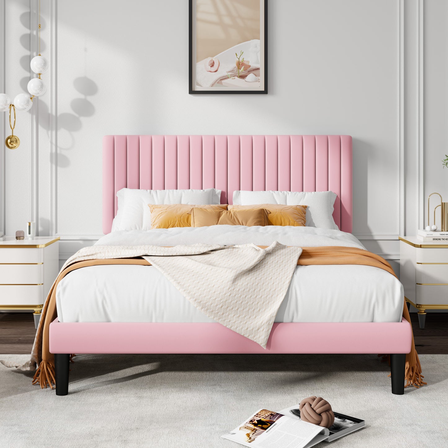 Allewie Velvet Upholstered Platform Bed Frame with Adjustable Vertical Channel Tufted Headboard