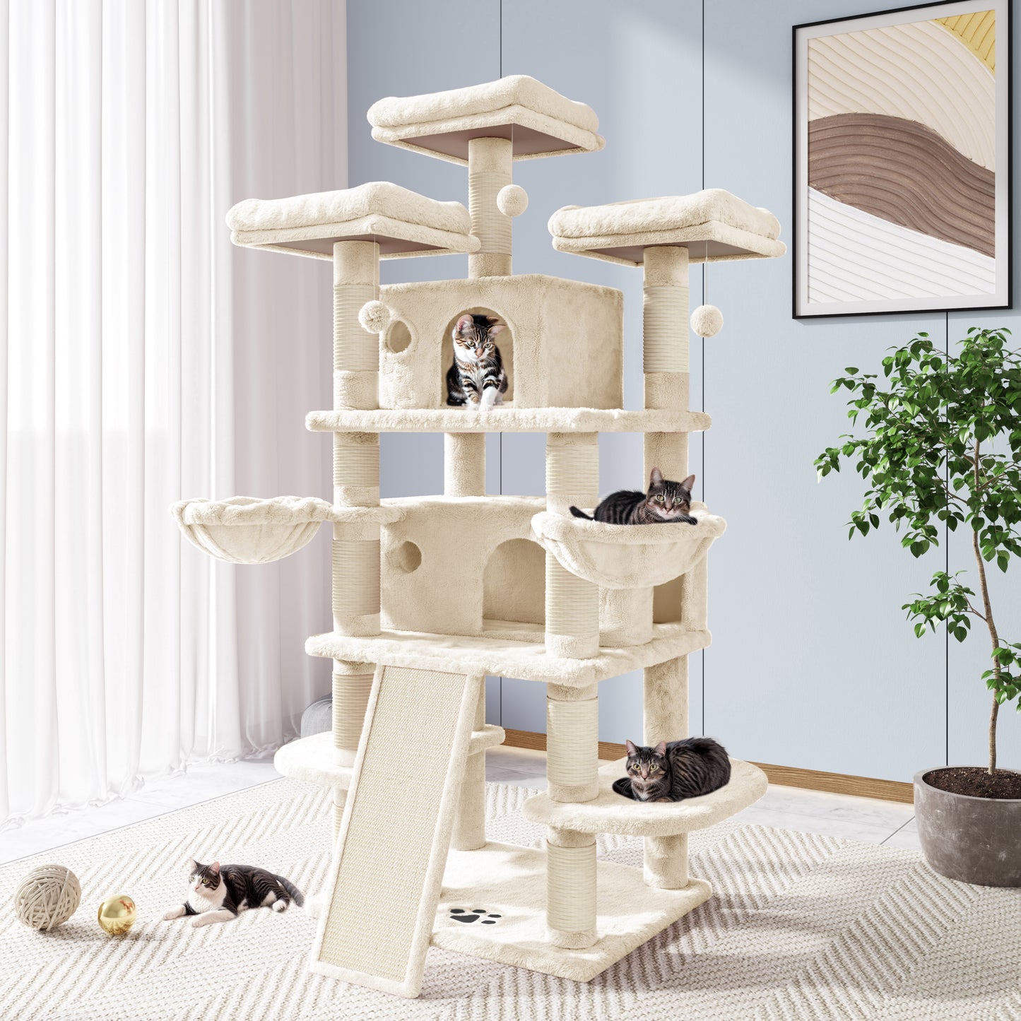 Allewie 68 Inches Multi-Level Large Cat Tree/Cat Tower for Indoor Cat/Tall Cat Climbing Tree with Cat Condo/Cozy Plush Cat Perches/Sisal Scratching Post/Wide Base Board/Hammocks/Cave