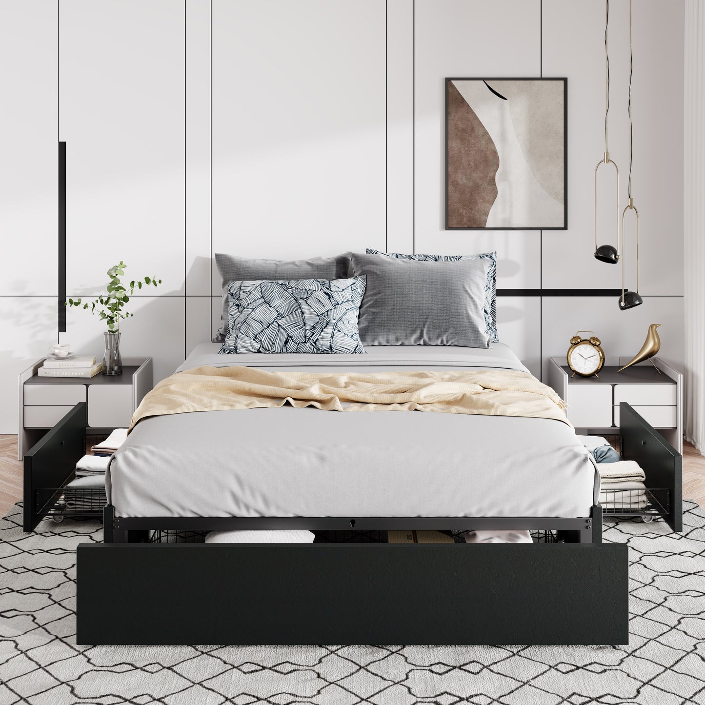 Allewie Platform Bed Frame with 3 Storage Drawers, Upholstered Wing Side Panel Design