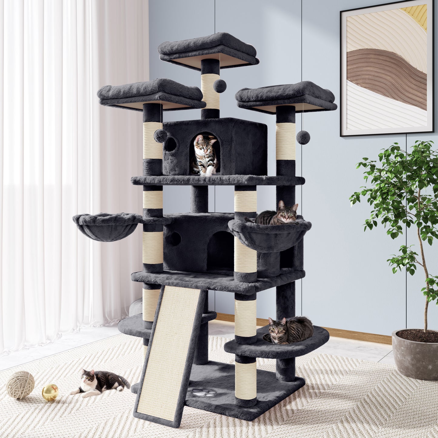 Allewie 68 Inches Multi-Level Large Cat Tree/Cat Tower for Indoor Cat/Tall Cat Climbing Tree with Cat Condo/Cozy Plush Cat Perches/Sisal Scratching Post/Wide Base Board/Hammocks/Cave