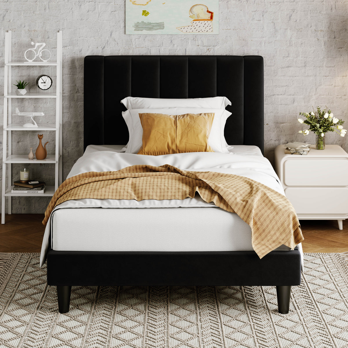 Allewie Twin Bed Frame/Velvet Upholstered Bed Frame with Vertical Channel Tufted Headboard/Strong Wooden Slats