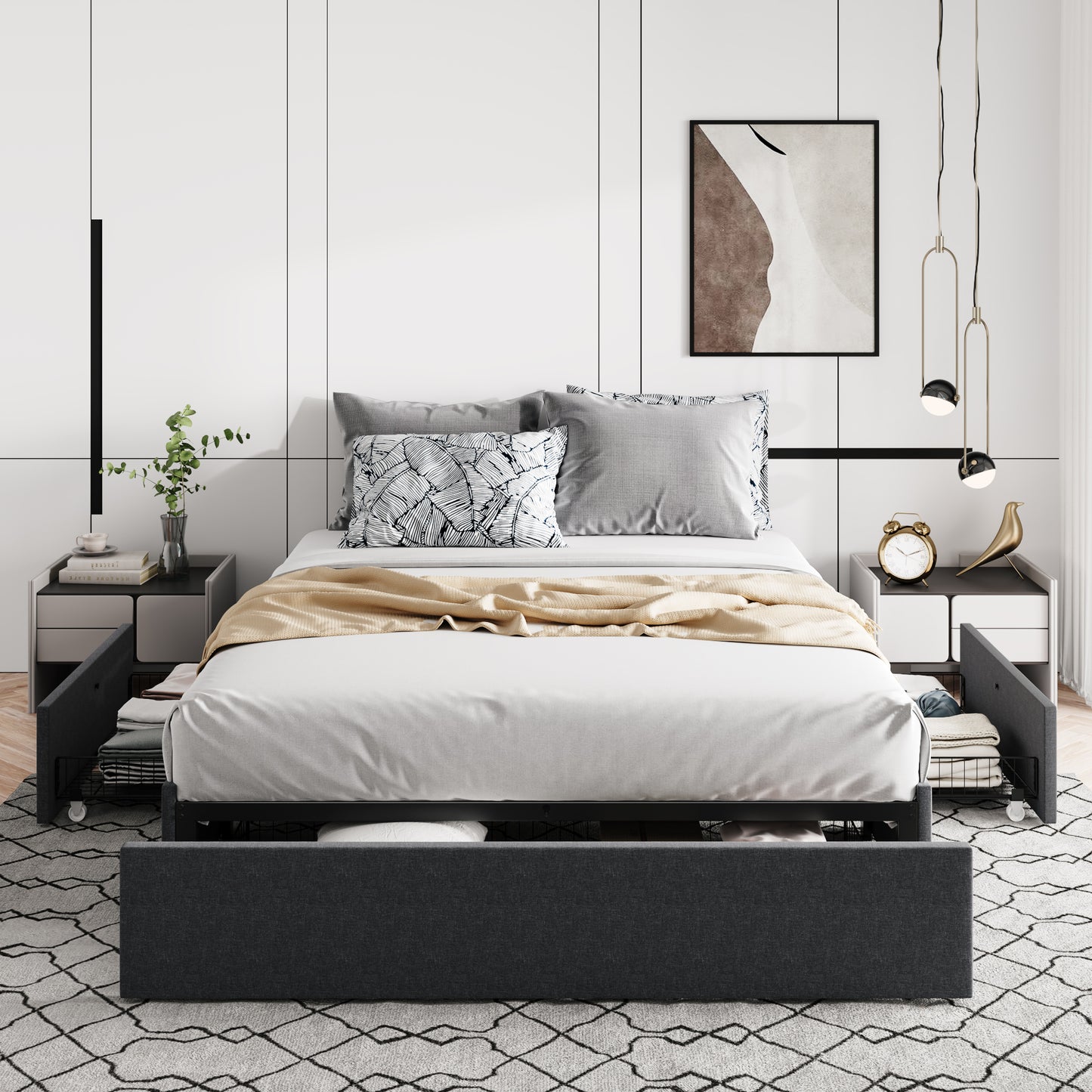 Allewie Platform Bed Frame with 3 Storage Drawers, Upholstered Wing Side Panel Design