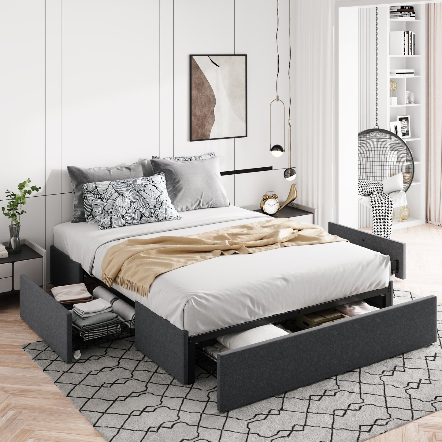 Allewie Platform Bed Frame with 3 Storage Drawers, Upholstered Wing Side Panel Design