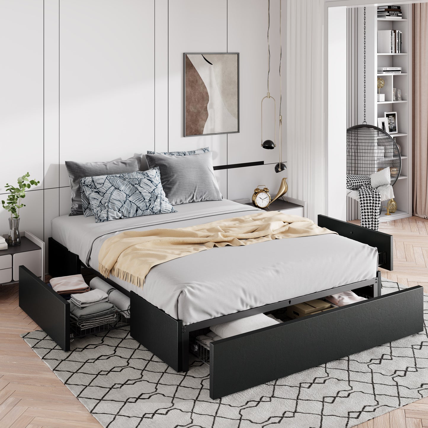 Allewie Platform Bed Frame with 3 Storage Drawers, Upholstered Wing Side Panel Design