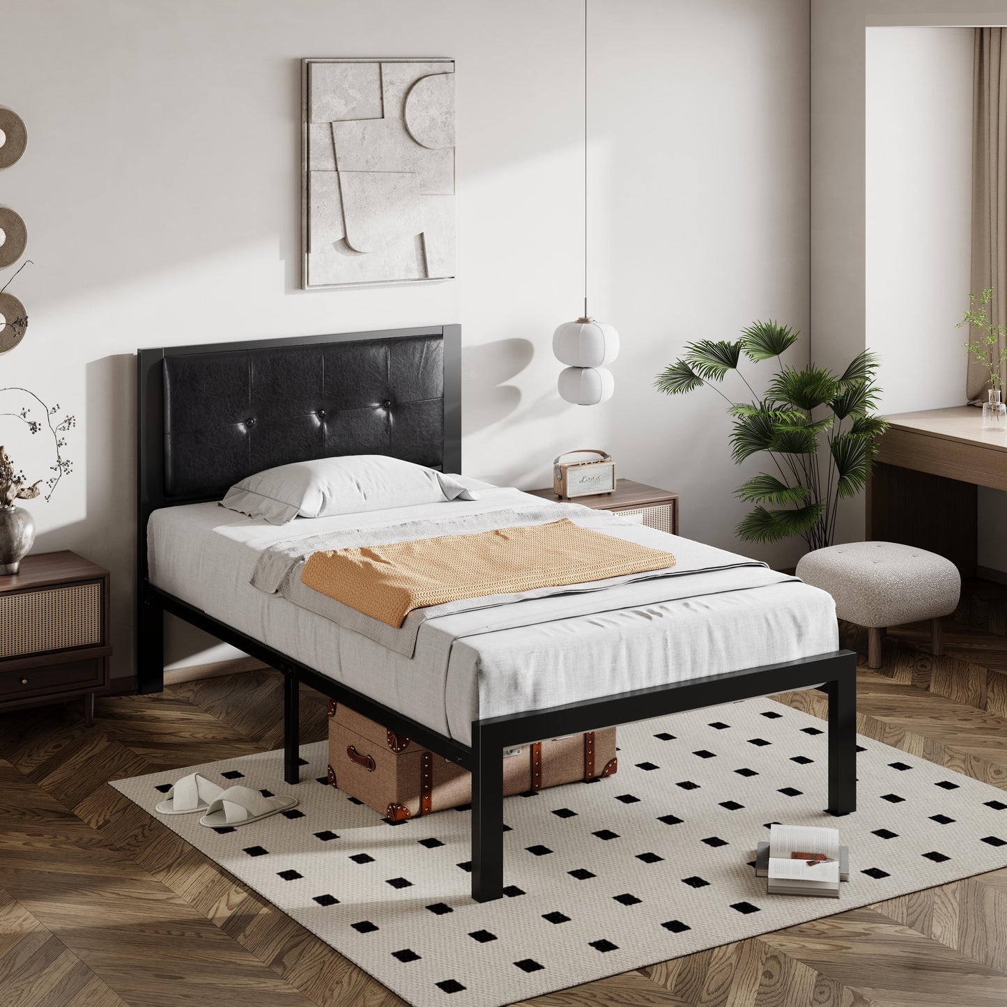 Allewie Faux Leather Platform Bed Frame Button Tufted Square Stitched Headboard, Black