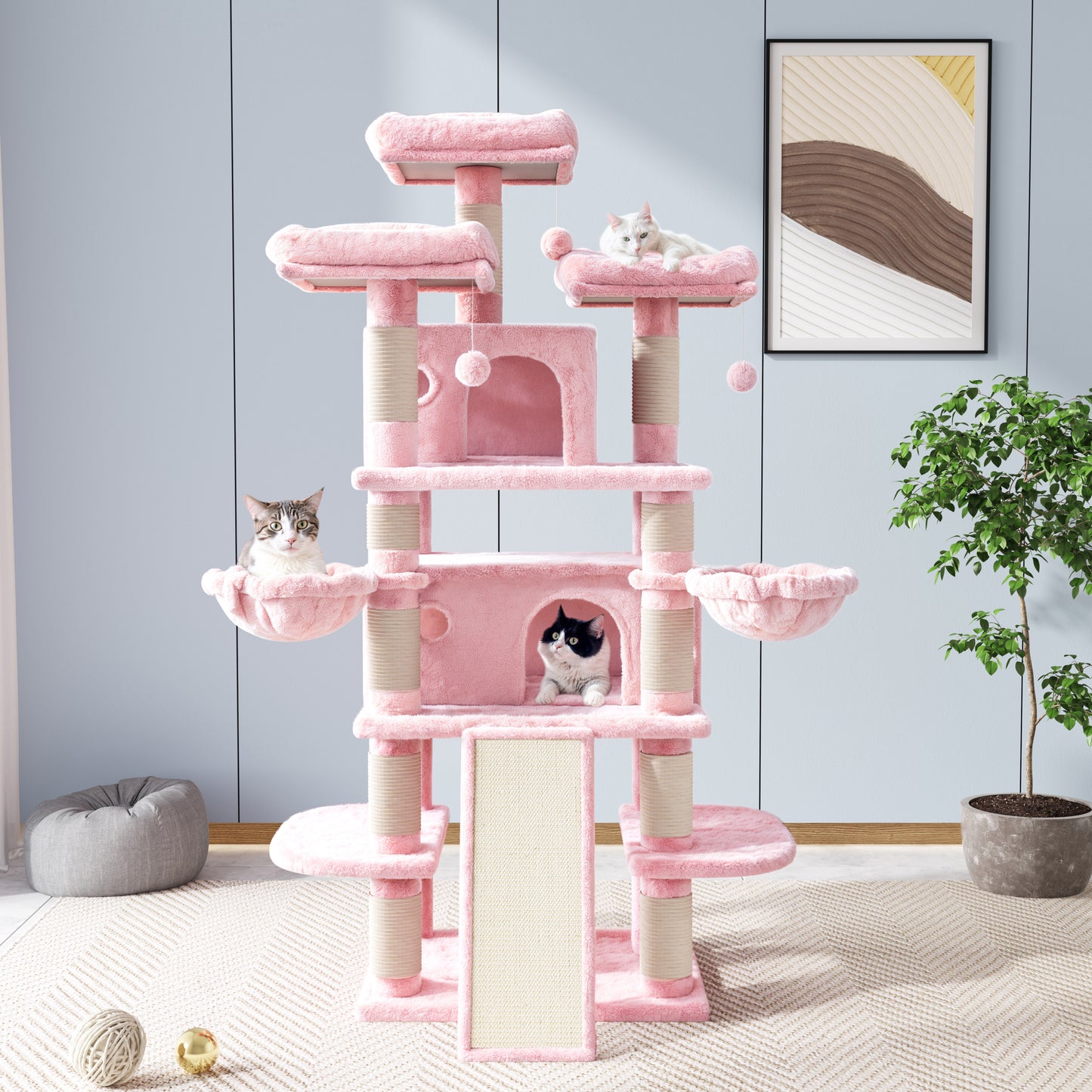 Allewie 68 Inches Multi-Level Large Cat Tree/Cat Tower for Indoor Cat/Tall Cat Climbing Tree with Cat Condo/Cozy Plush Cat Perches/Sisal Scratching Post/Wide Base Board/Hammocks/Cave