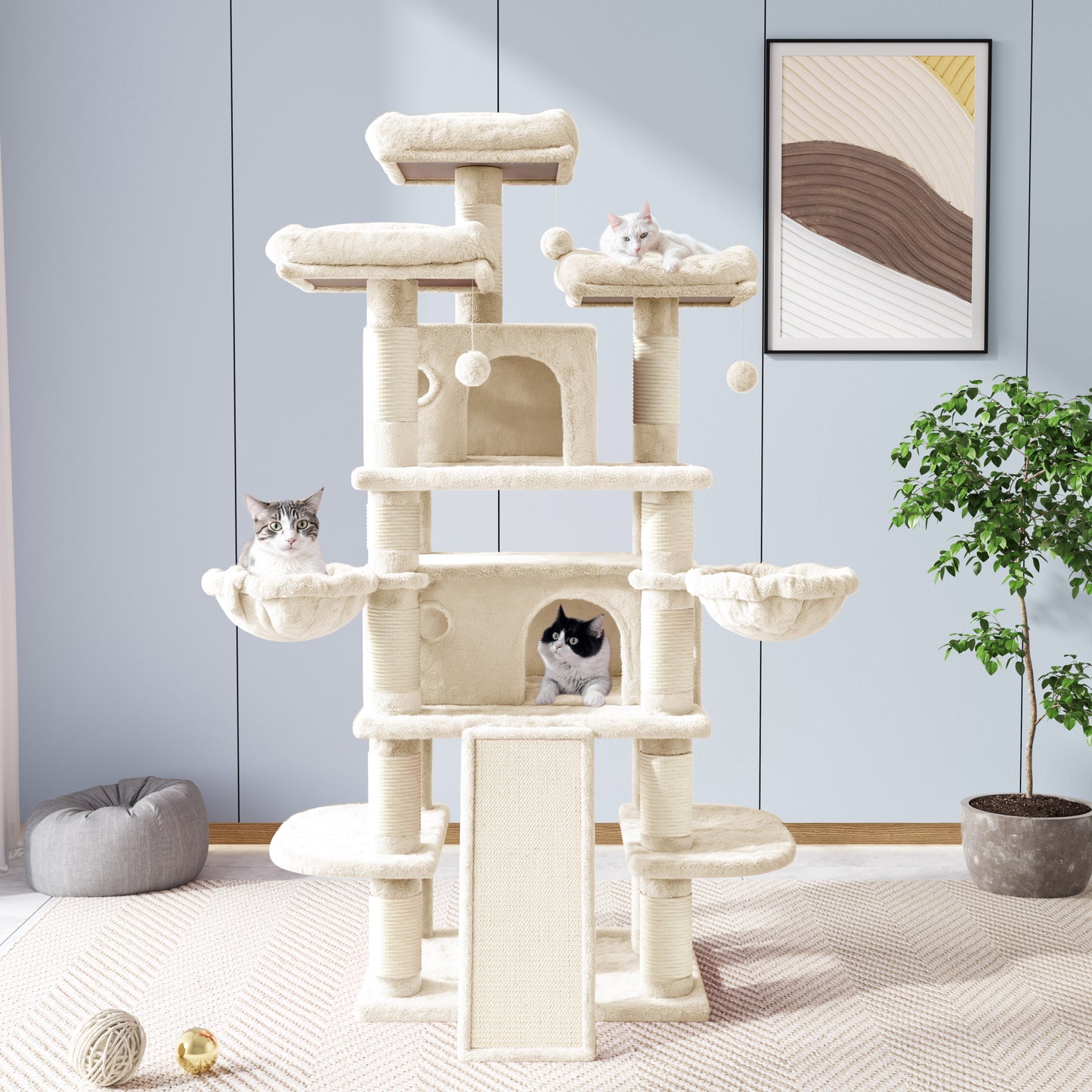 Allewie 68 Inches Multi-Level Large Cat Tree/Cat Tower for Indoor Cat/Tall Cat Climbing Tree with Cat Condo/Cozy Plush Cat Perches/Sisal Scratching Post/Wide Base Board/Hammocks/Cave