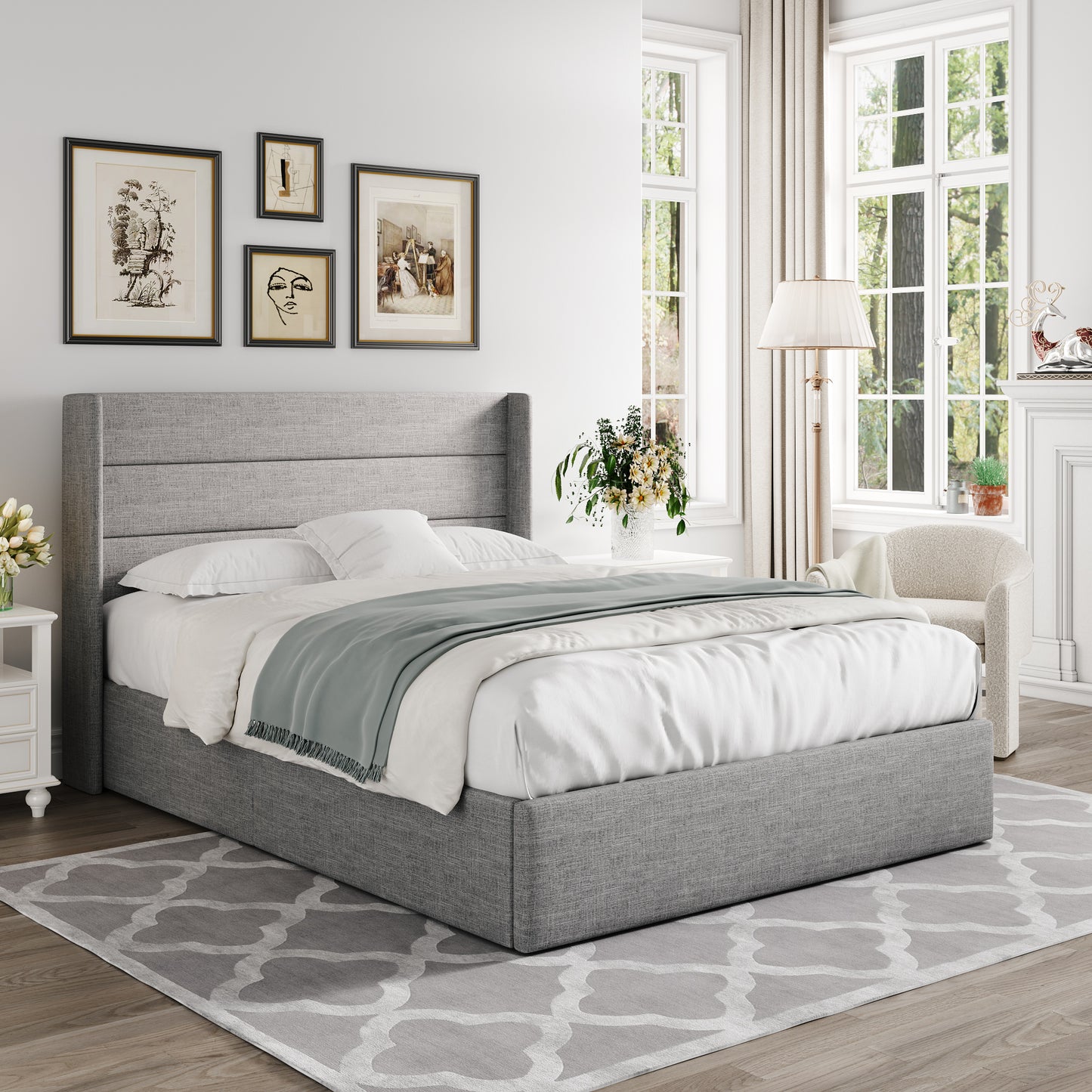 Allewie Lift Up Storage Upholstered Bed with Pannel Wingback Headboard