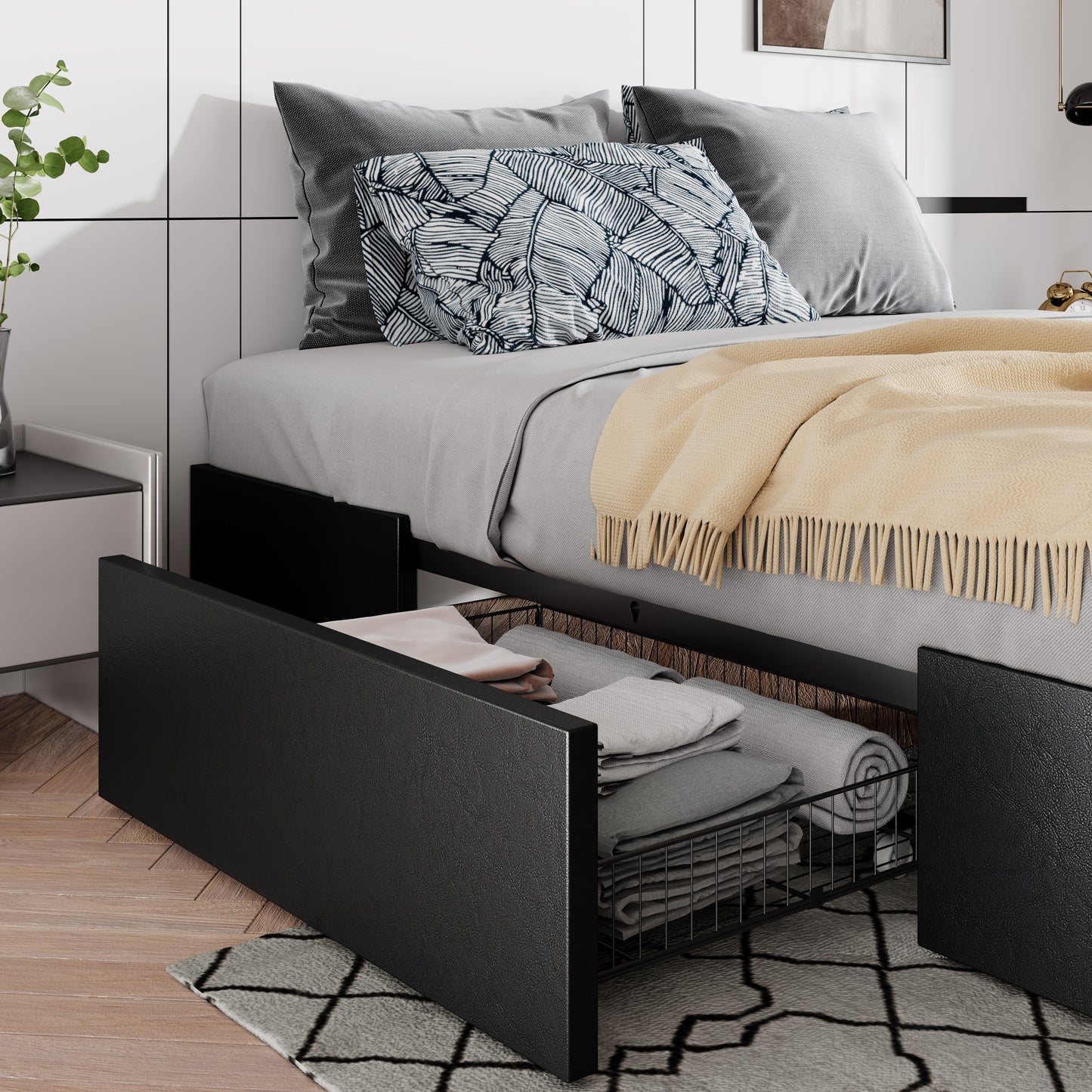 Allewie Platform Bed Frame with 3 Storage Drawers, Upholstered Wing Side Panel Design