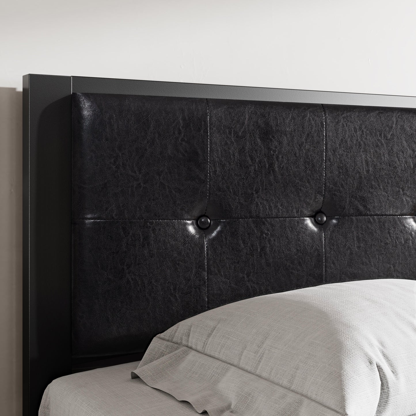 Allewie Faux Leather Platform Bed Frame Button Tufted Square Stitched Headboard, Black