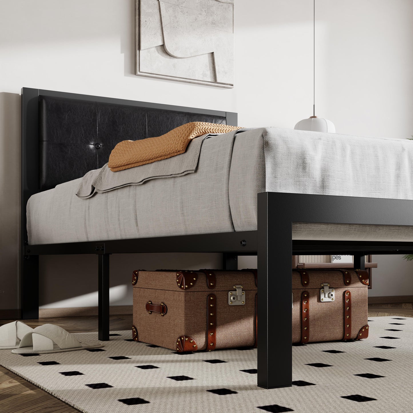 Allewie Faux Leather Platform Bed Frame Button Tufted Square Stitched Headboard, Black