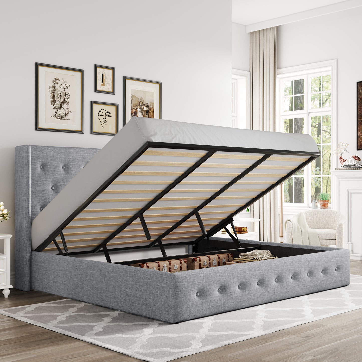 Allewie Lift Up Storage Upholstered Bed with Wingback Headboard