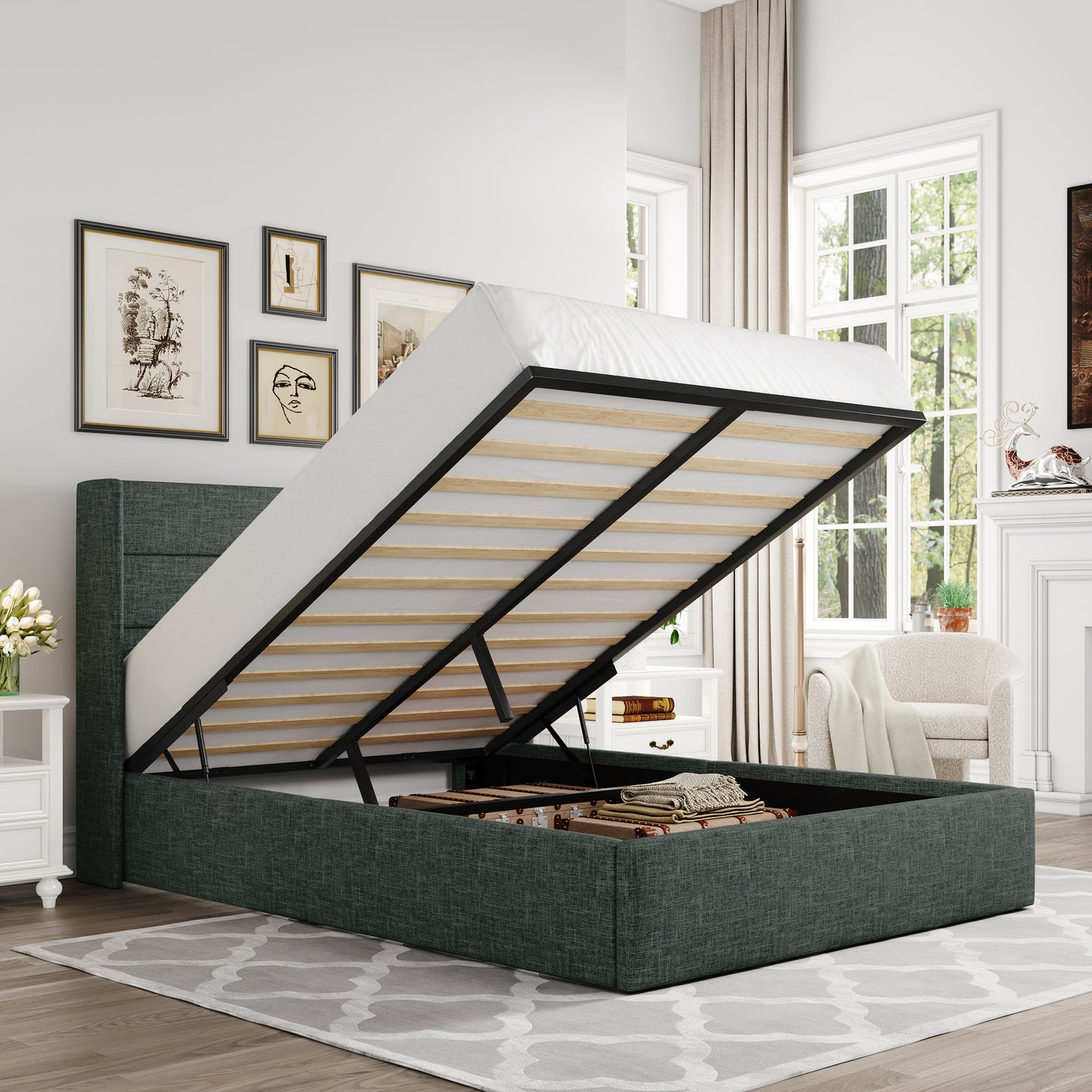 Allewie Lift Up Storage Upholstered Bed with Pannel Wingback Headboard