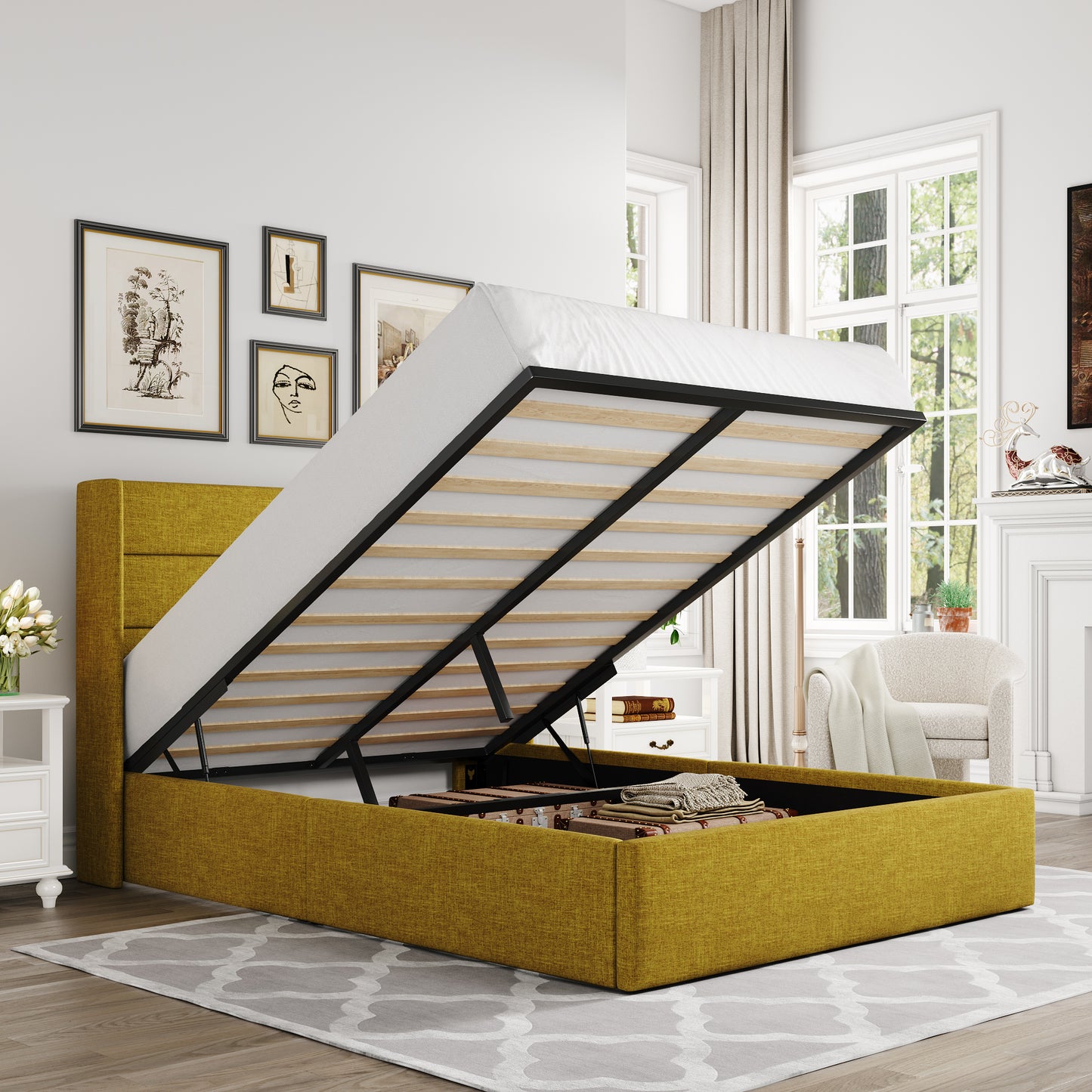 Allewie Lift Up Storage Upholstered Bed with Pannel Wingback Headboard