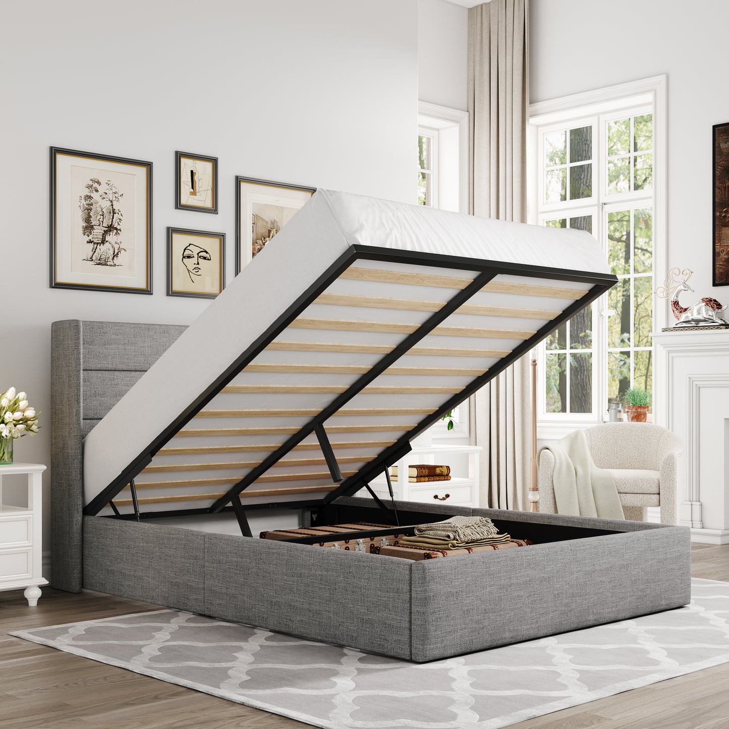Allewie Lift Up Storage Upholstered Bed with Pannel Wingback Headboard