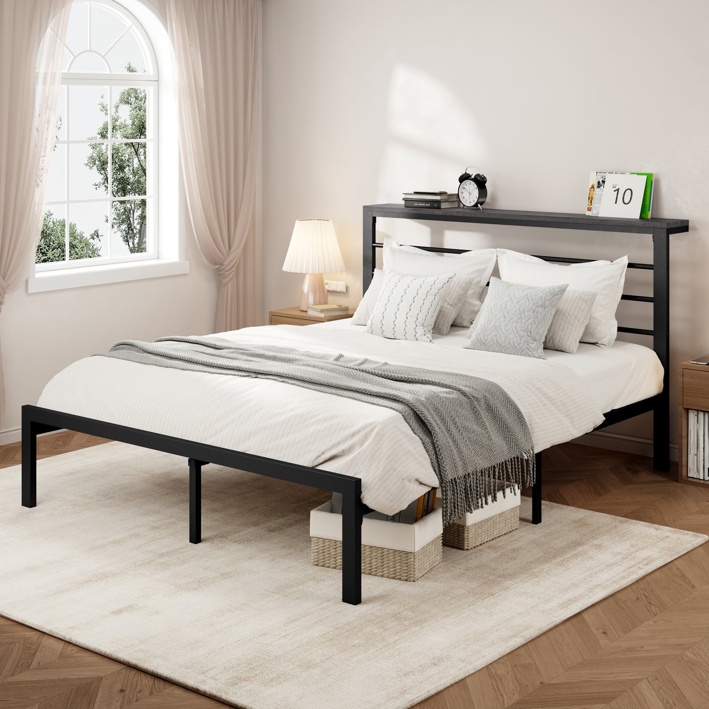 Allewie Modern Platform Bed Frame with 4.7" Headboard Shelf