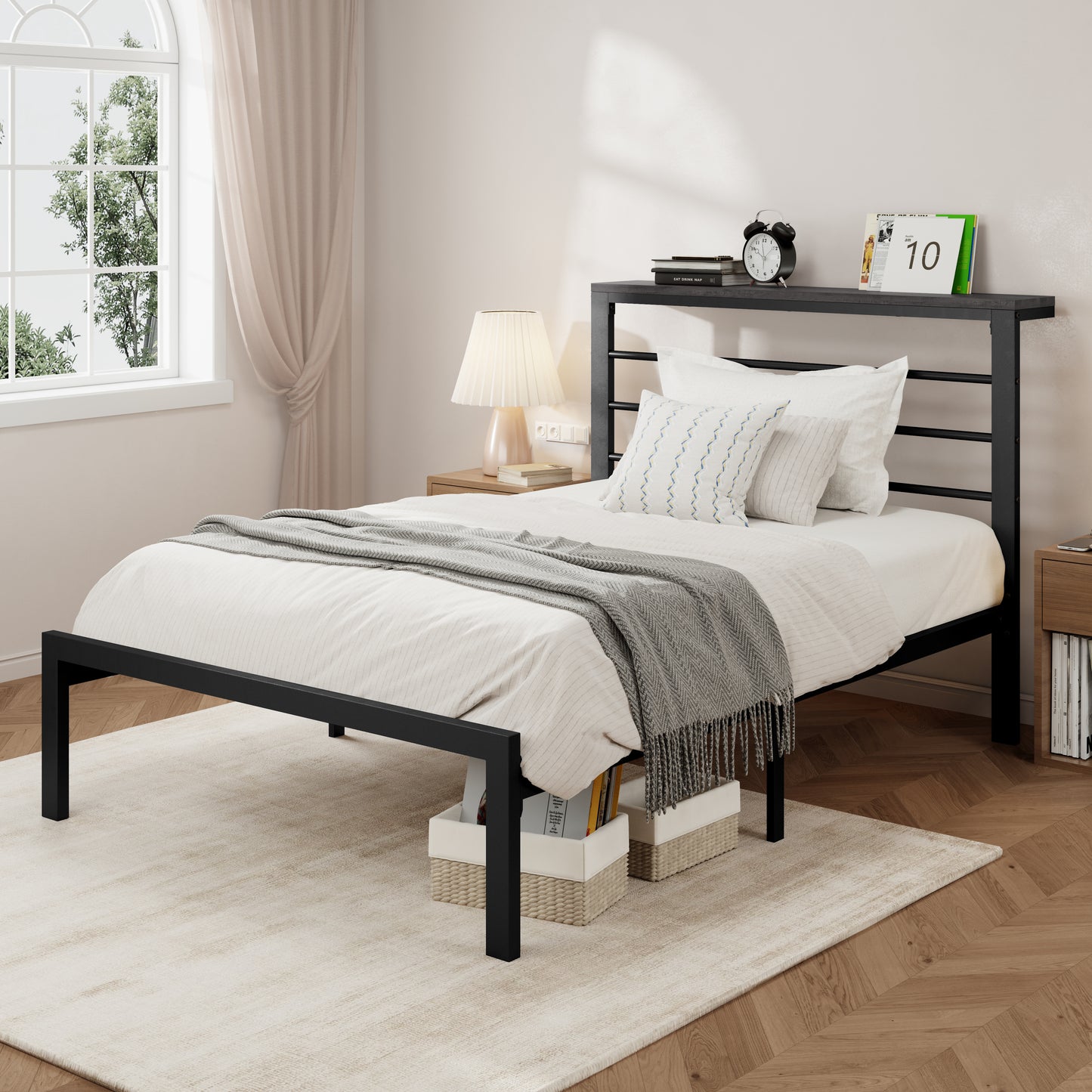 Allewie Modern Platform Bed Frame with 4.7" Headboard Shelf