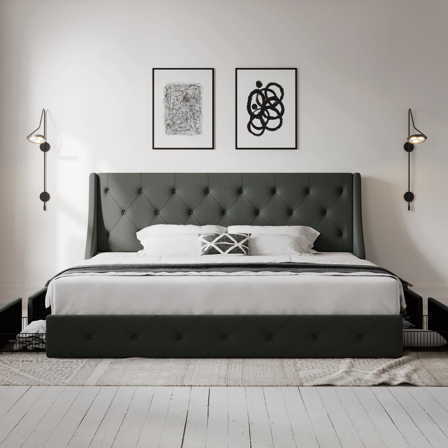 Allewie Bed Frame with 4 Storage Drawers and Button Tufted & Wingback Headboard