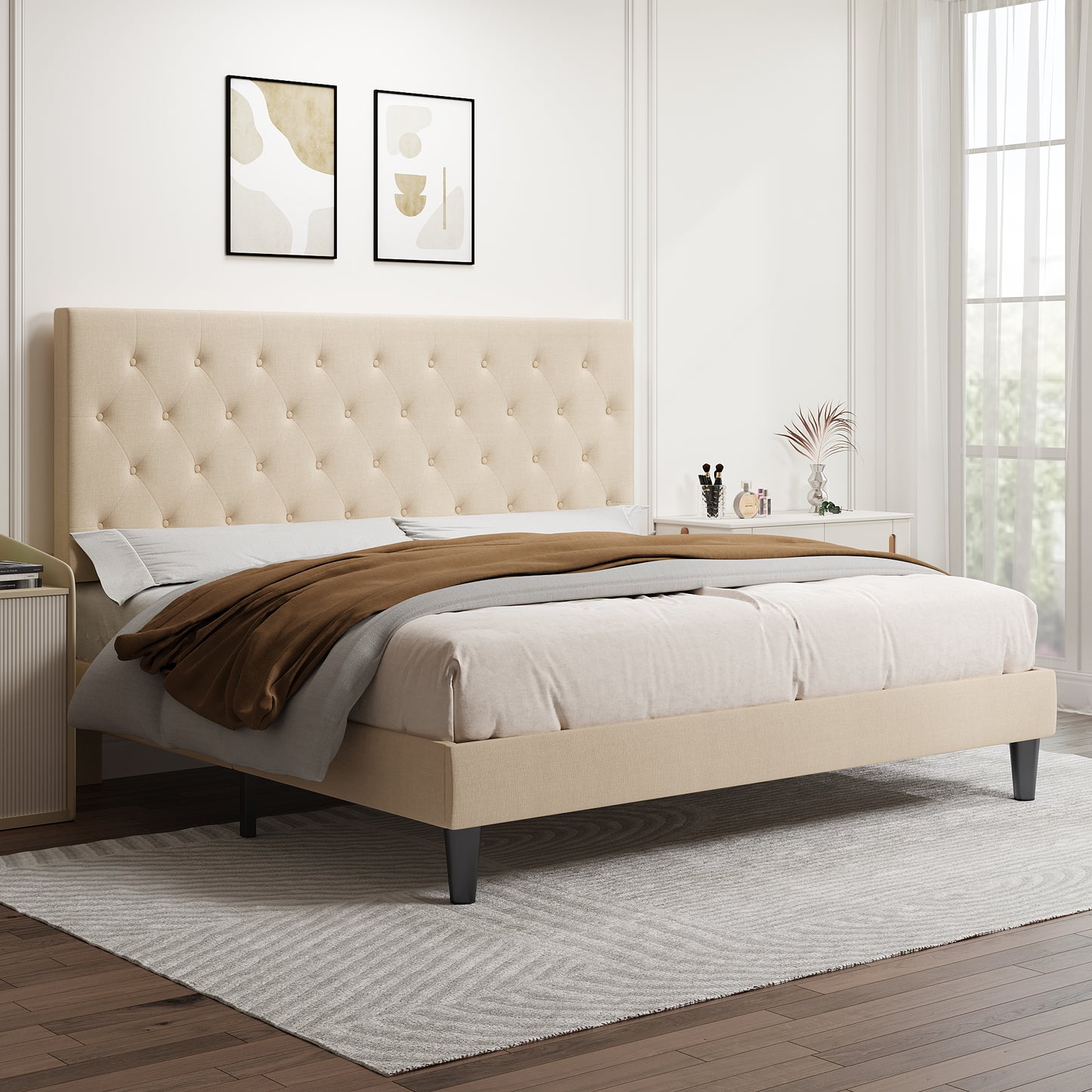 Allewie Faux Leather Upholstered Platform Bed Frame with Adjustable Diamond Stitched Button Tufted Headboard, White