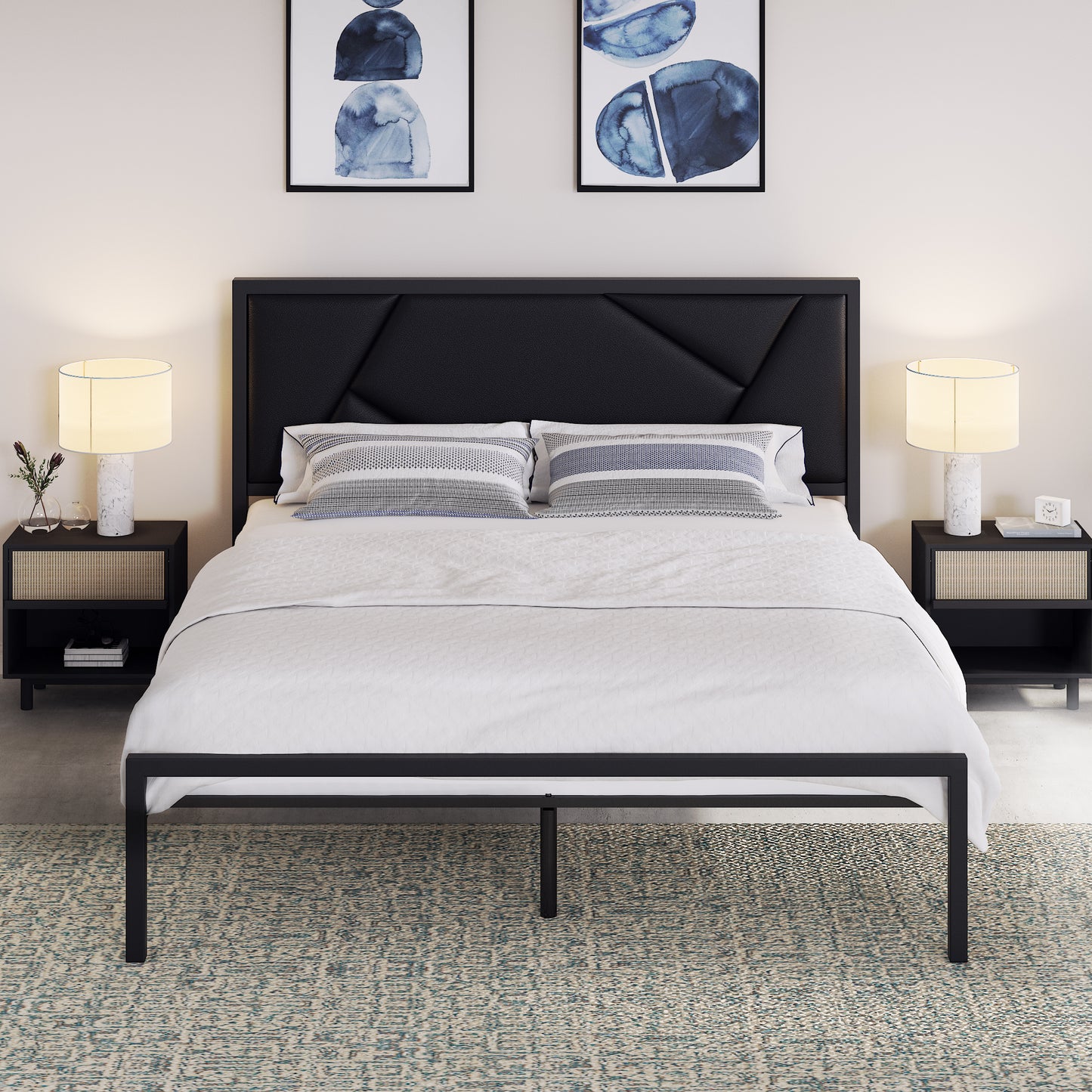 Allewie Black Metal Bed Frame with Geometric Litchi Grain Leather Headboard