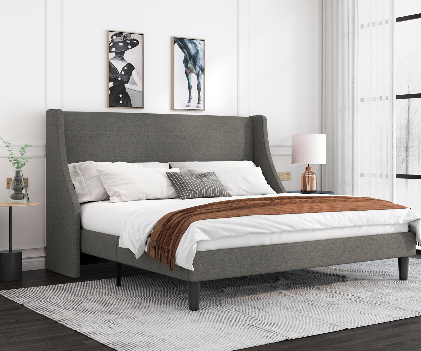 Allewie Queen Size Fabric Upholstered Platform Bed Frame with Wingback Headboard, Light Grey