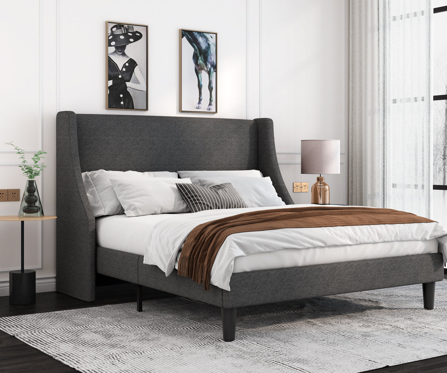 Allewie Queen Size Fabric Upholstered Platform Bed Frame with Wingback Headboard, Light Grey