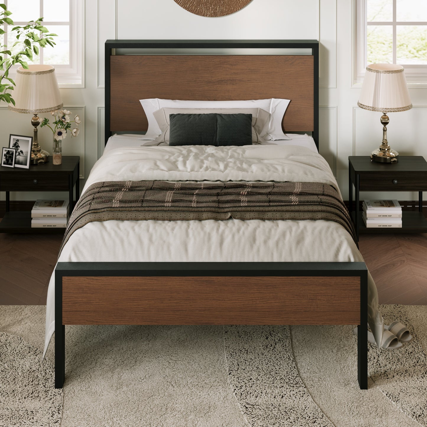 Allewie Platform Bed Frame with Wood Headboard and Footboard, Heavy Duty Metal Slat