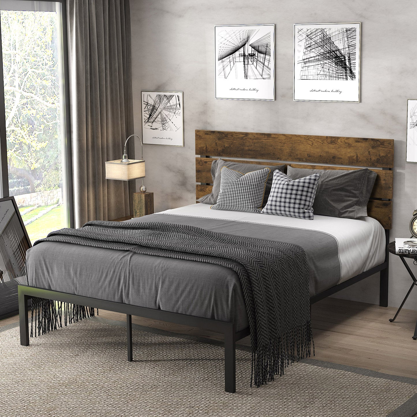 Allewie Rustic Country Style Wooden Headboard Metal Platform Bed with Strong Metal Slats