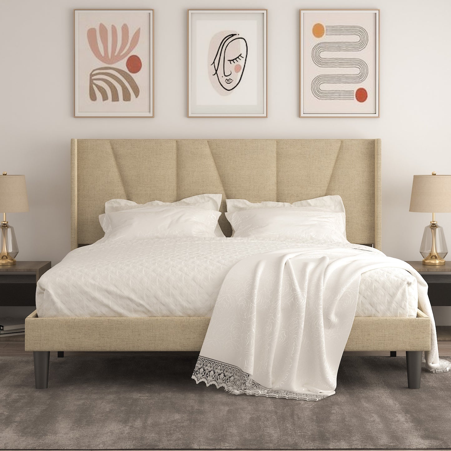 Allewie full Size Modern Platform Bed Frame with Upholstered Geometric Wingback Headboard, Beige