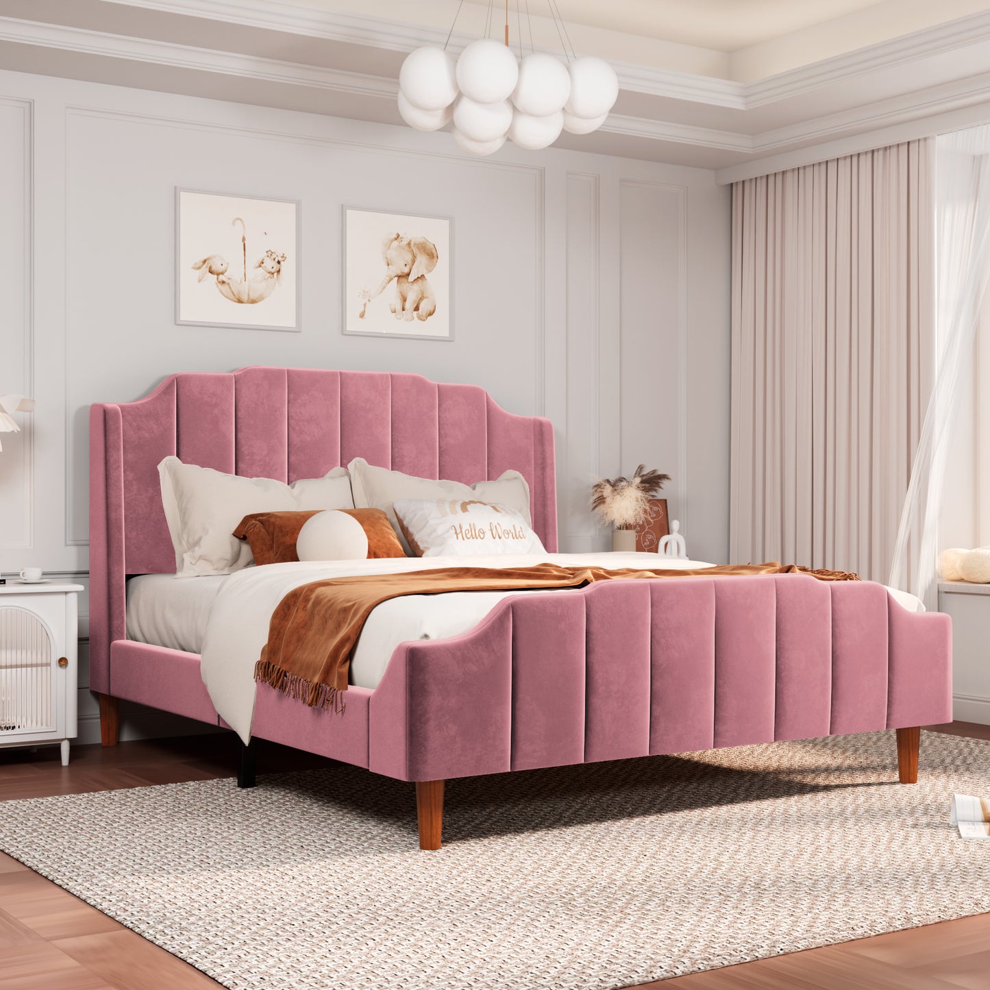 Allewie Queen Size Velvet Platform Bed Frame with Modern Curved Upholstered Headboard and Footboard
