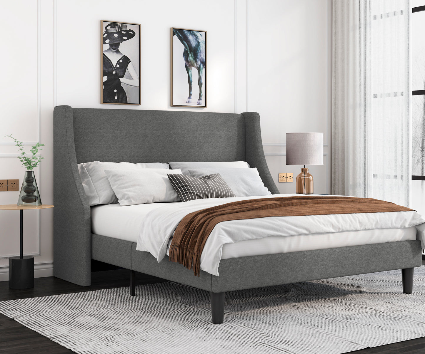 Allewie Queen Size Fabric Upholstered Platform Bed Frame with Wingback Headboard, Light Grey