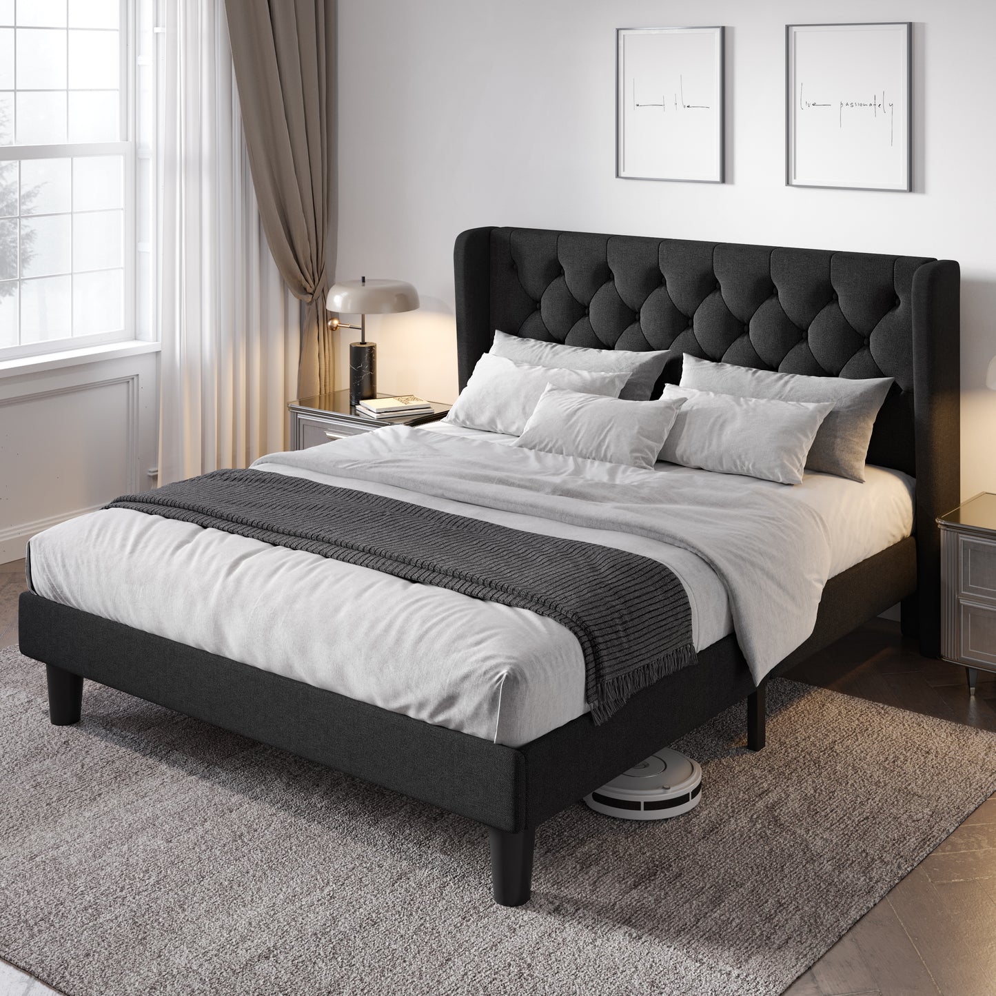 Allewie Bed Frame with Button Tufted Upholstered Wingback Headboard