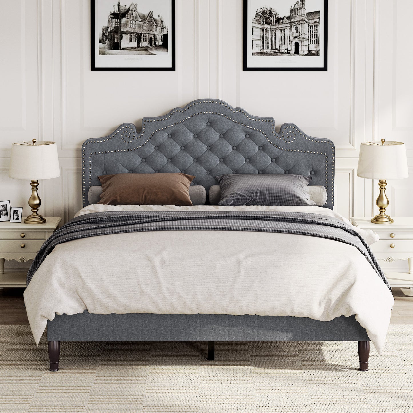 Allewie Platform Bed Frame with Upholstered Diamond Button Tufted Adjustable Fabric Headboard, Dark Grey