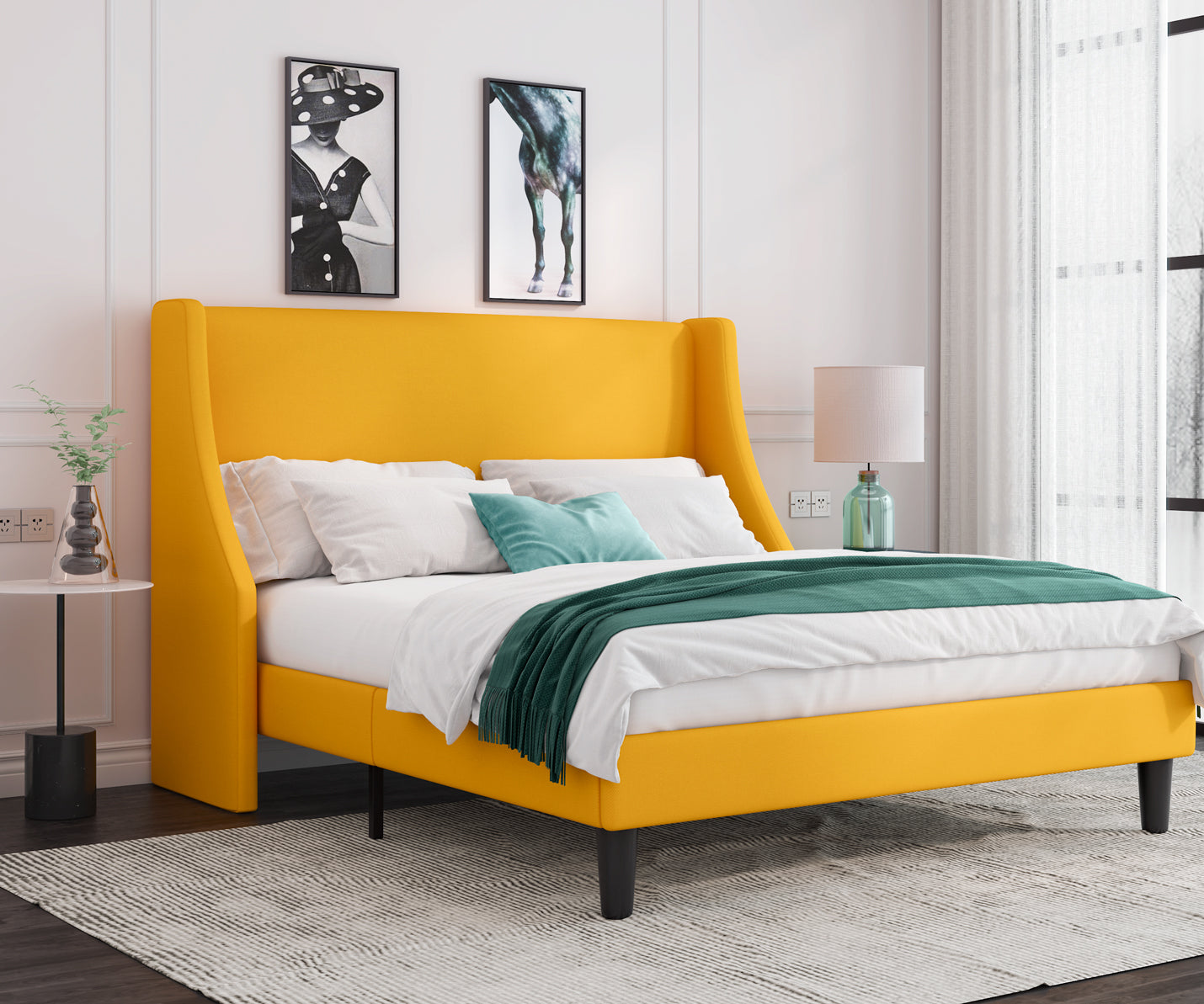 Allewie Queen Size Fabric Upholstered Platform Bed Frame with Wingback Headboard, Light Grey