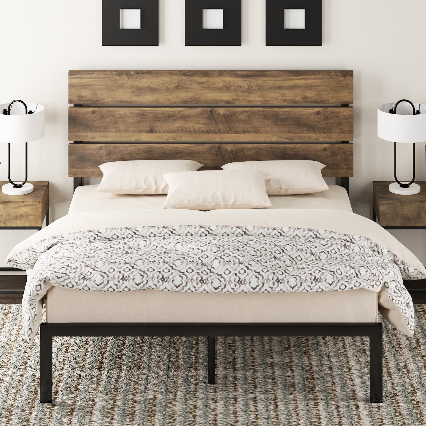 Allewie Rustic Country Style Wooden Headboard Metal Platform Bed with Strong Metal Slats