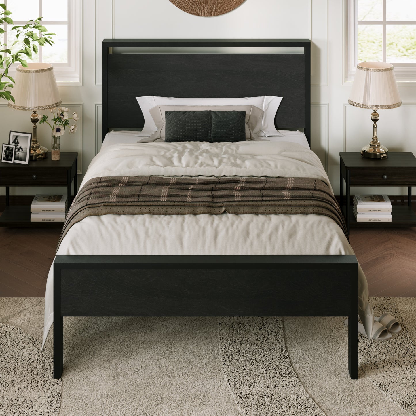 Allewie Platform Bed Frame with Wood Headboard and Footboard, Heavy Duty Metal Slat