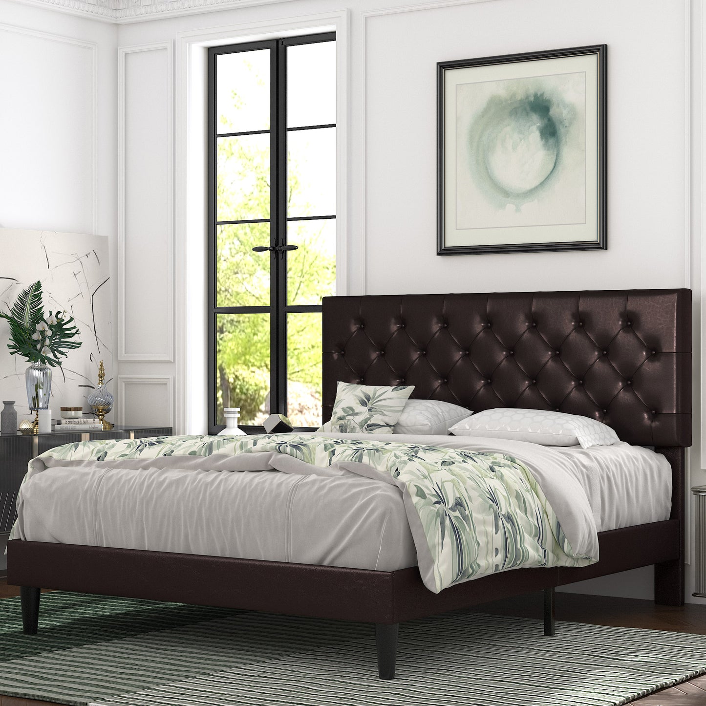 Allewie Faux Leather Upholstered Platform Bed Frame with Adjustable Diamond Stitched Button Tufted Headboard, White