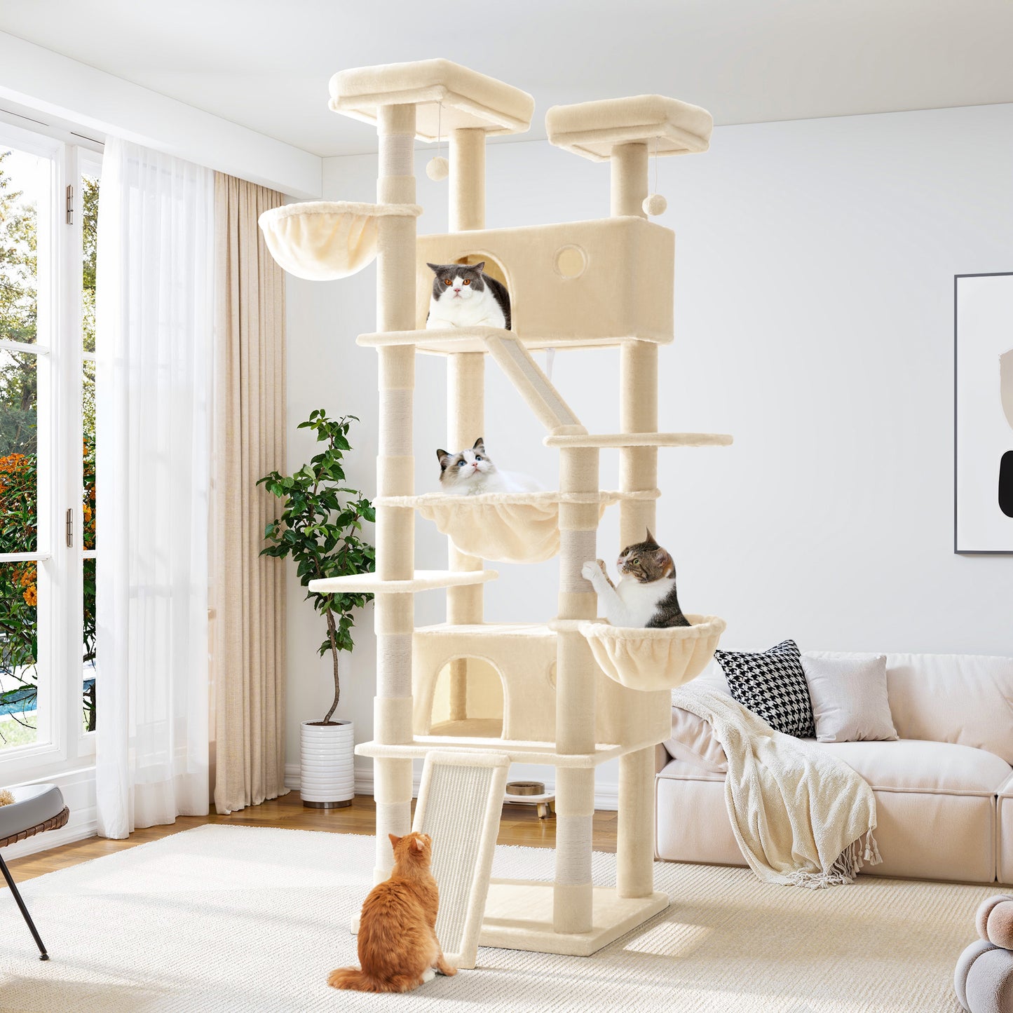 Allewie 81 Inches Multi-Level Tall Cat Tree for Large Cat, Cat Climbing Tree with Cat Condo and Hammock, Scratching Post, Wide Base