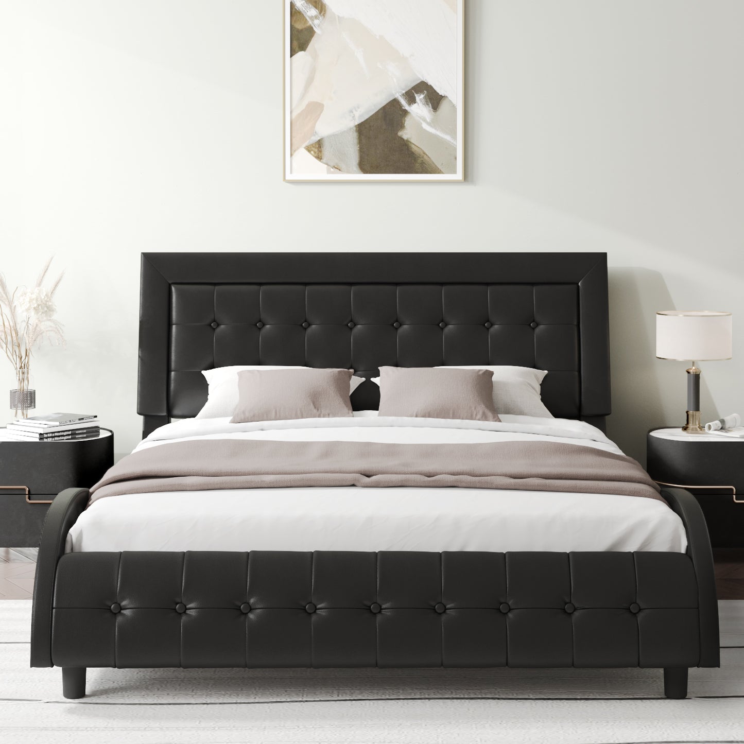Allewie Leather Platform Bed Frame with Modern Wavy Box-Tufted Adjustable Headboard, Black