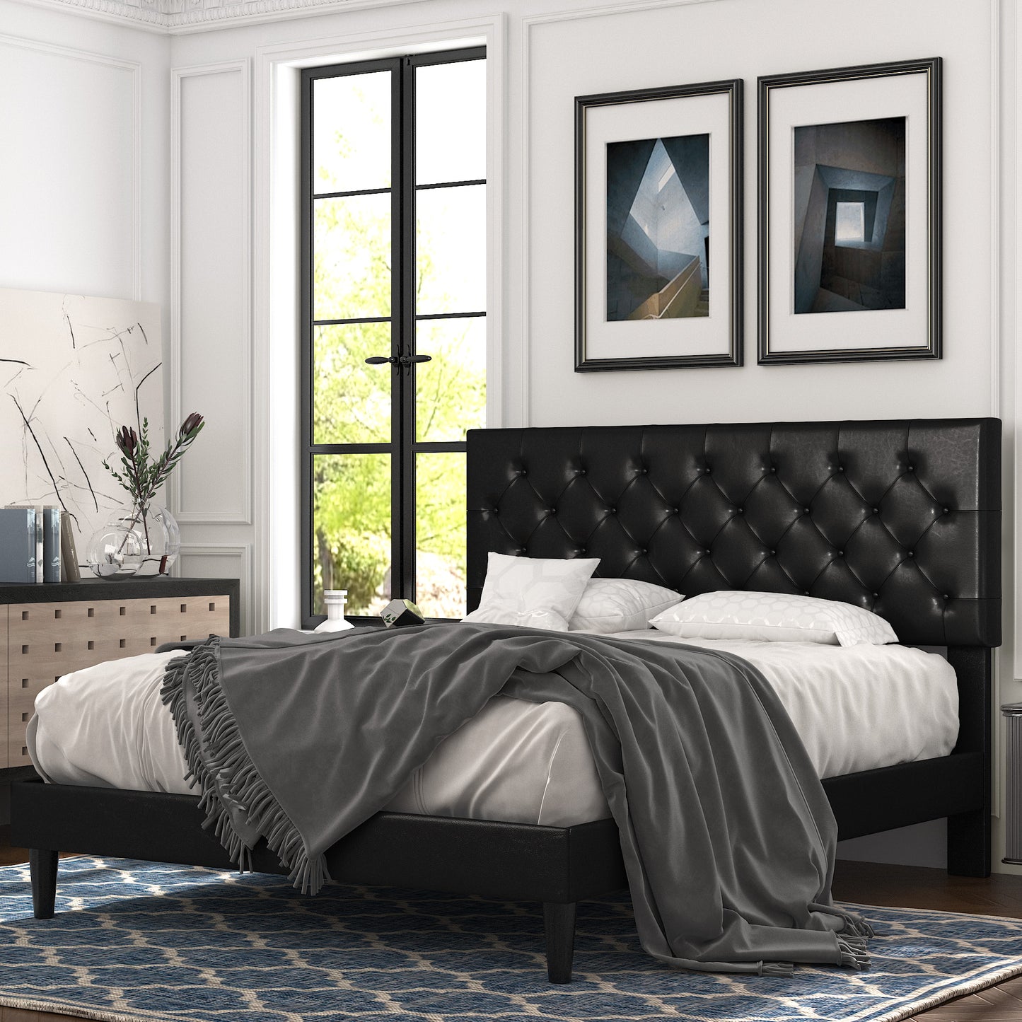 Allewie Faux Leather Upholstered Platform Bed Frame with Adjustable Diamond Stitched Button Tufted Headboard, White