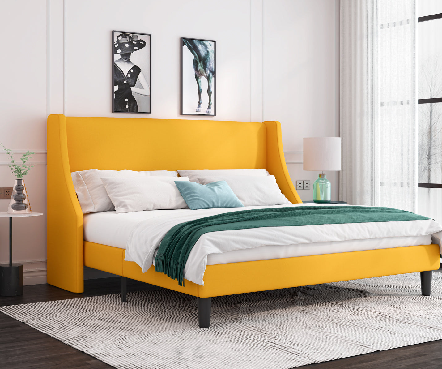 Allewie Queen Size Fabric Upholstered Platform Bed Frame with Wingback Headboard, Light Grey