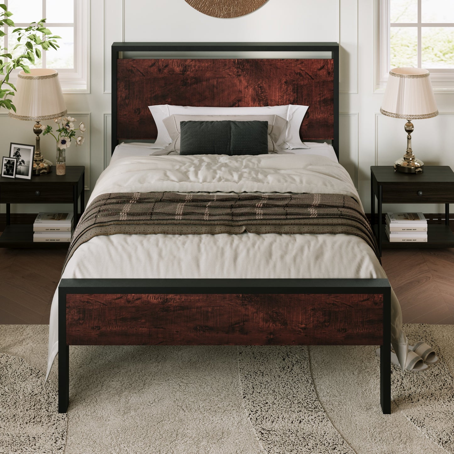 Allewie Platform Bed Frame with Wood Headboard and Footboard, Heavy Duty Metal Slat