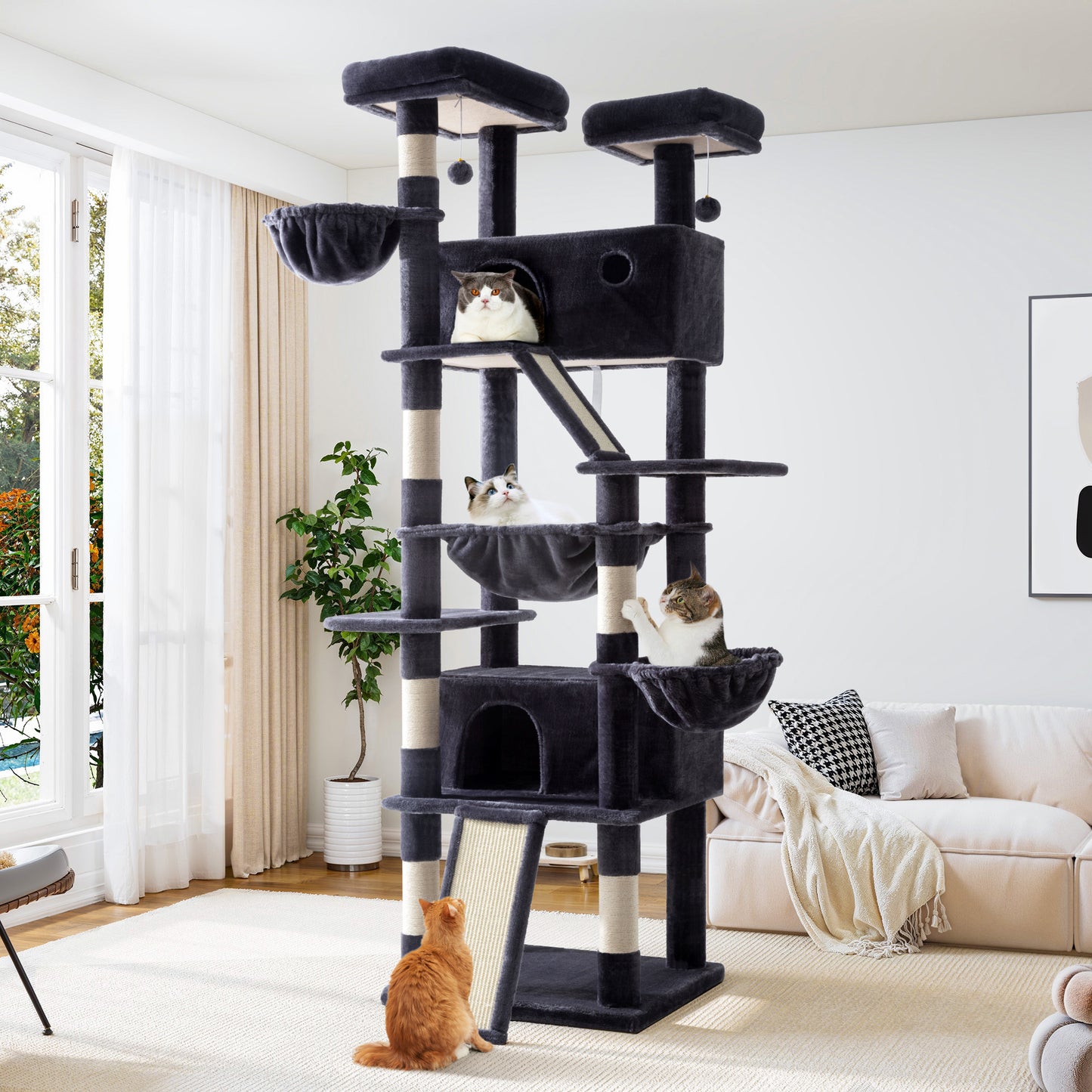 Allewie 81 Inches Multi-Level Tall Cat Tree for Large Cat, Cat Climbing Tree with Cat Condo and Hammock, Scratching Post, Wide Base