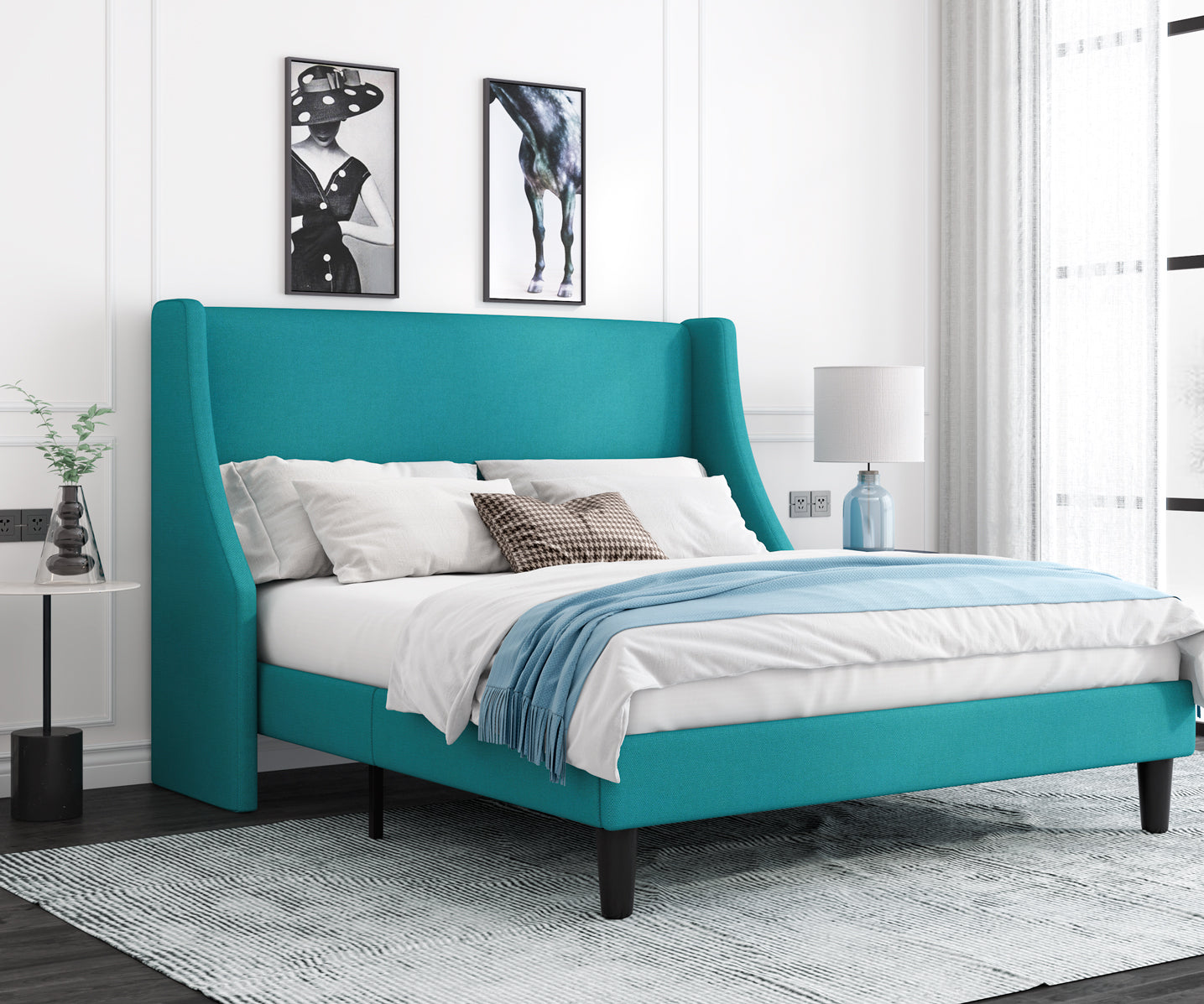 Allewie Queen Size Fabric Upholstered Platform Bed Frame with Wingback Headboard, Light Grey