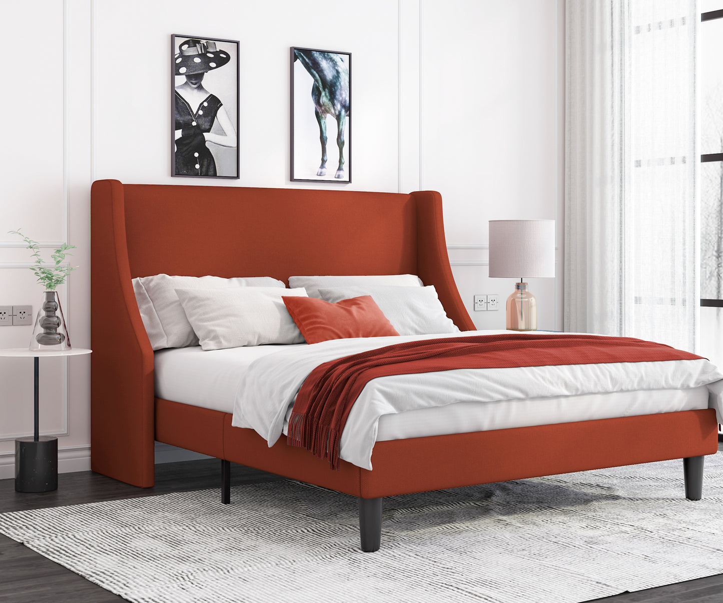 Allewie Queen Size Fabric Upholstered Platform Bed Frame with Wingback Headboard, Light Grey