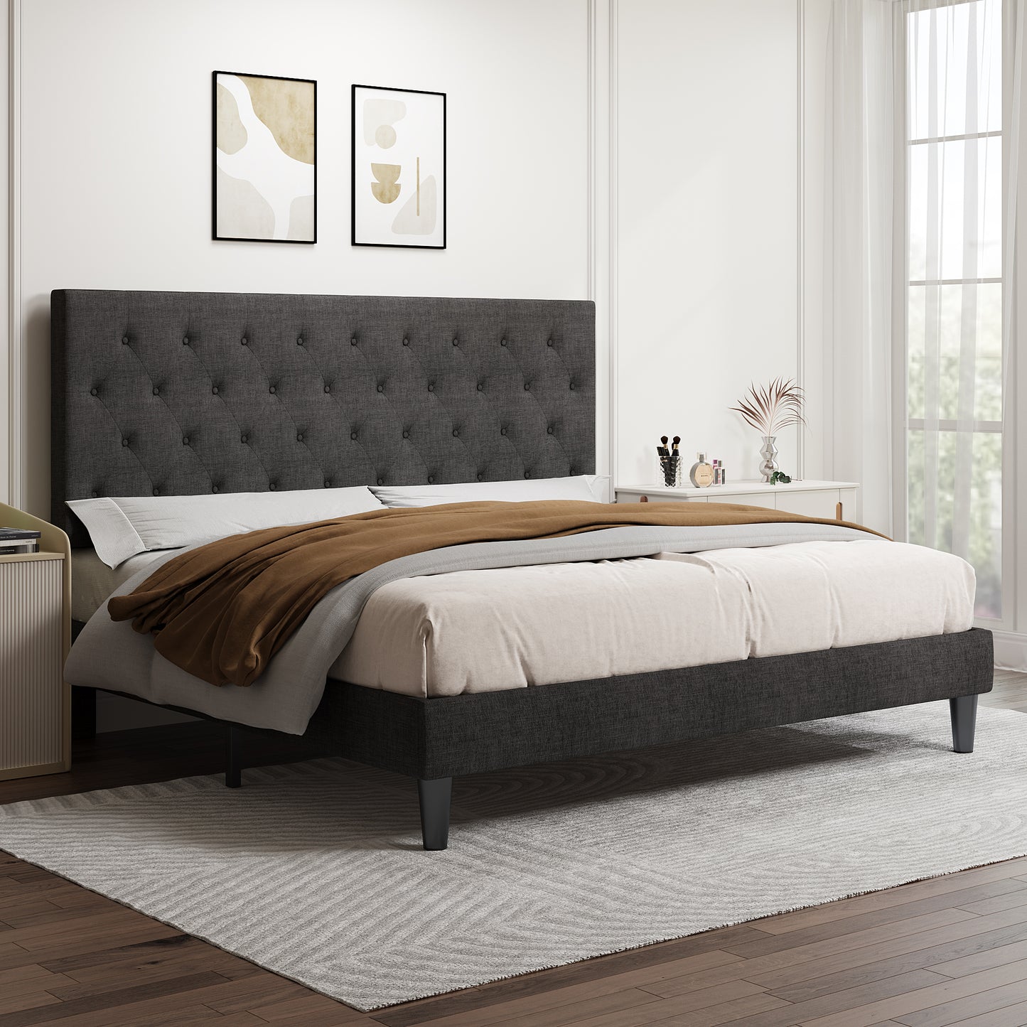 Allewie Faux Leather Upholstered Platform Bed Frame with Adjustable Diamond Stitched Button Tufted Headboard, White